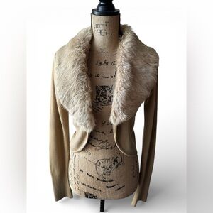 Vintage XOXO Open Bust Cropped Cardigan Shrug with Genuine Rabbit Fur Collar